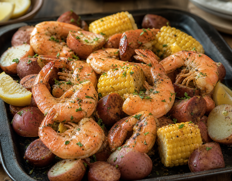 Stovetop shrimp boil with cooked shrimp, corn, potatoes and lemon on a dark tray