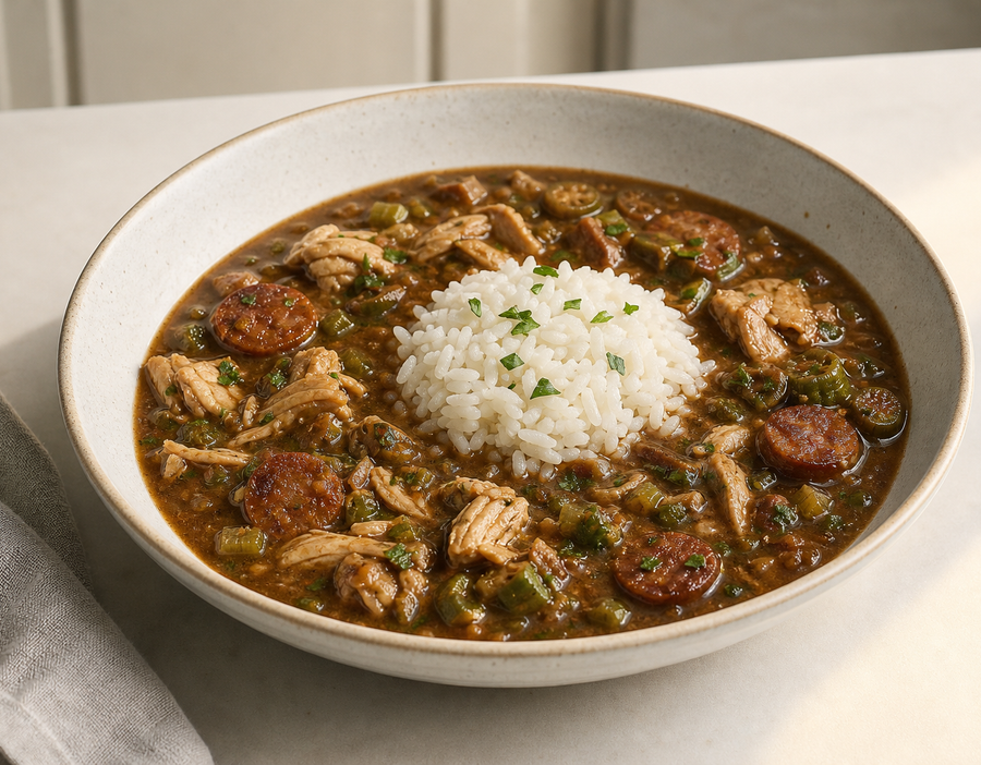 Chicken and sausage gumbo with rice in a broad ceramic bowl