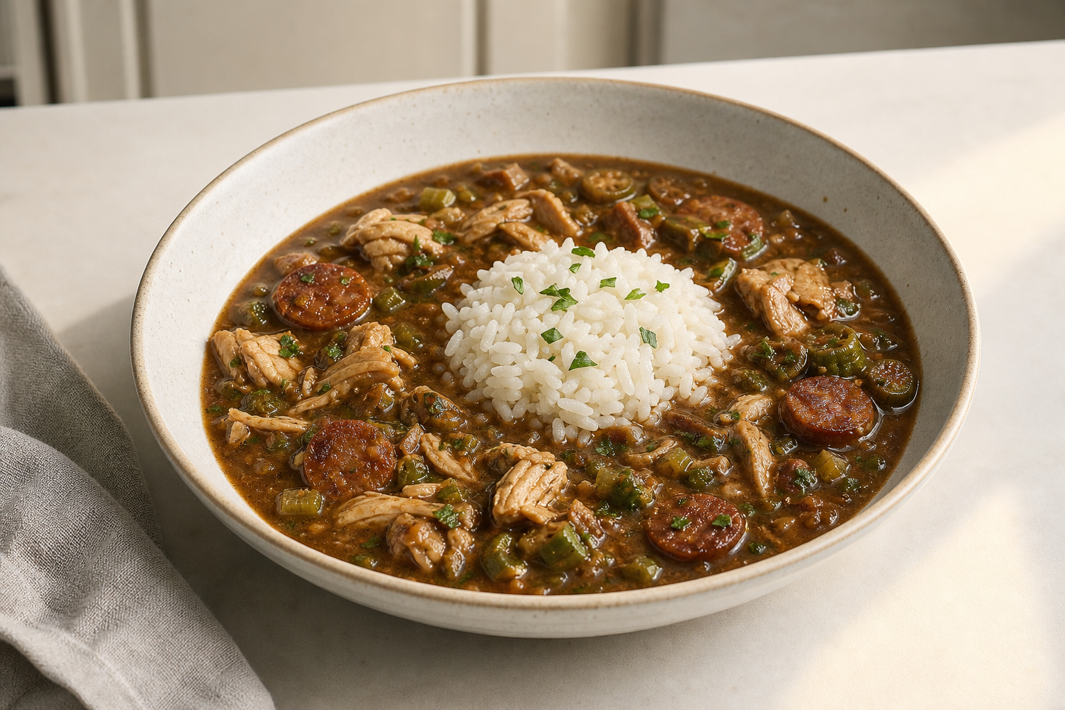 Chicken and sausage gumbo with rice in a broad ceramic bowl