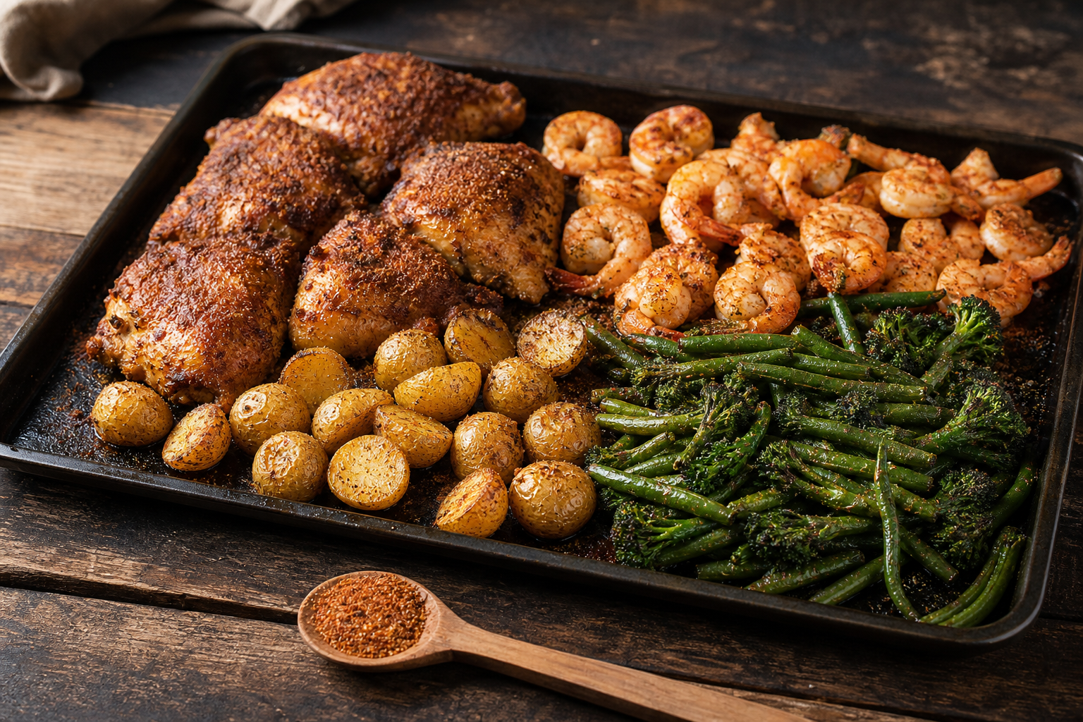 Cajun-seasoned chicken, shrimp, potatoes, and green vegetables arranged on a sheet pan