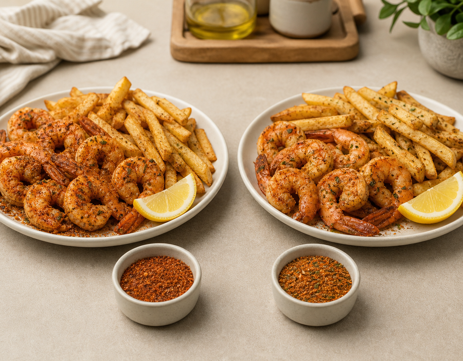 Two plates of shrimp and fries with different seasoning blends arranged for comparison