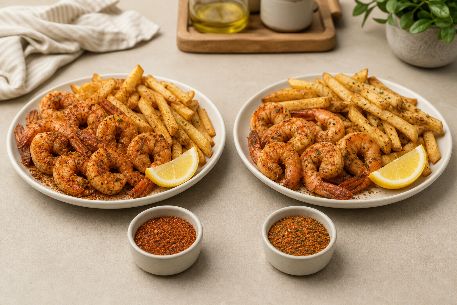 Two plates of shrimp and fries with different seasoning blends arranged for comparison