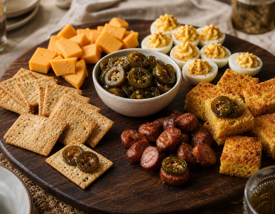 Candied jalapeño slices served with crackers, cheddar, deviled eggs, sausage, and cornbread