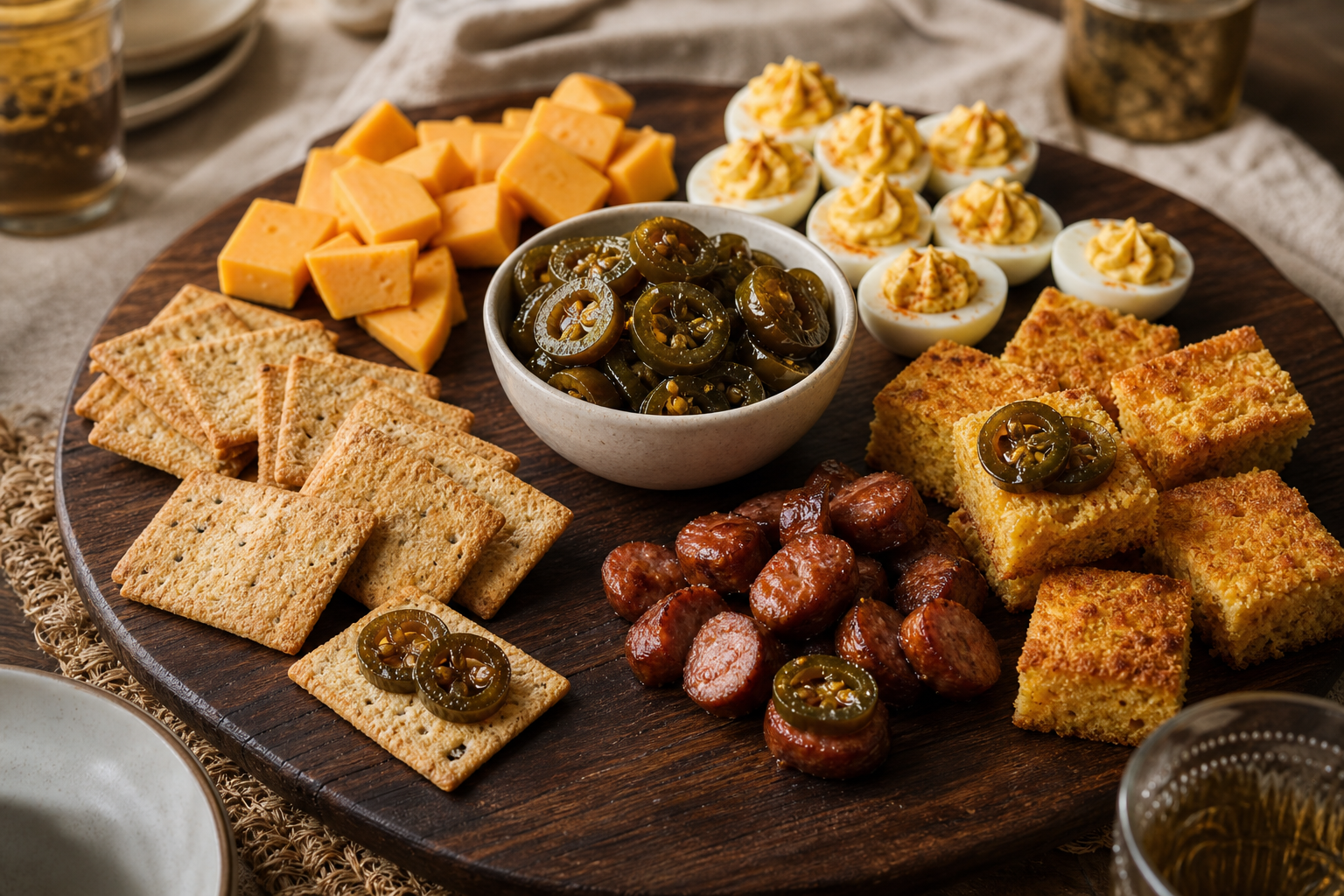 Candied jalapeño slices served with crackers, cheddar, deviled eggs, sausage, and cornbread