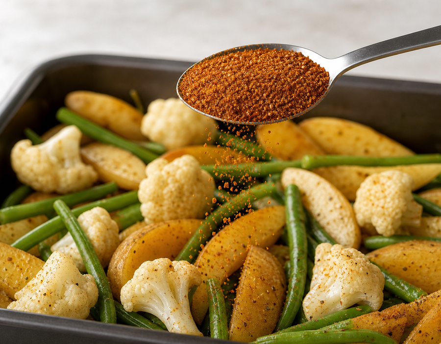 A teaspoon of Cajun seasoning held above potatoes and vegetables ready for roasting