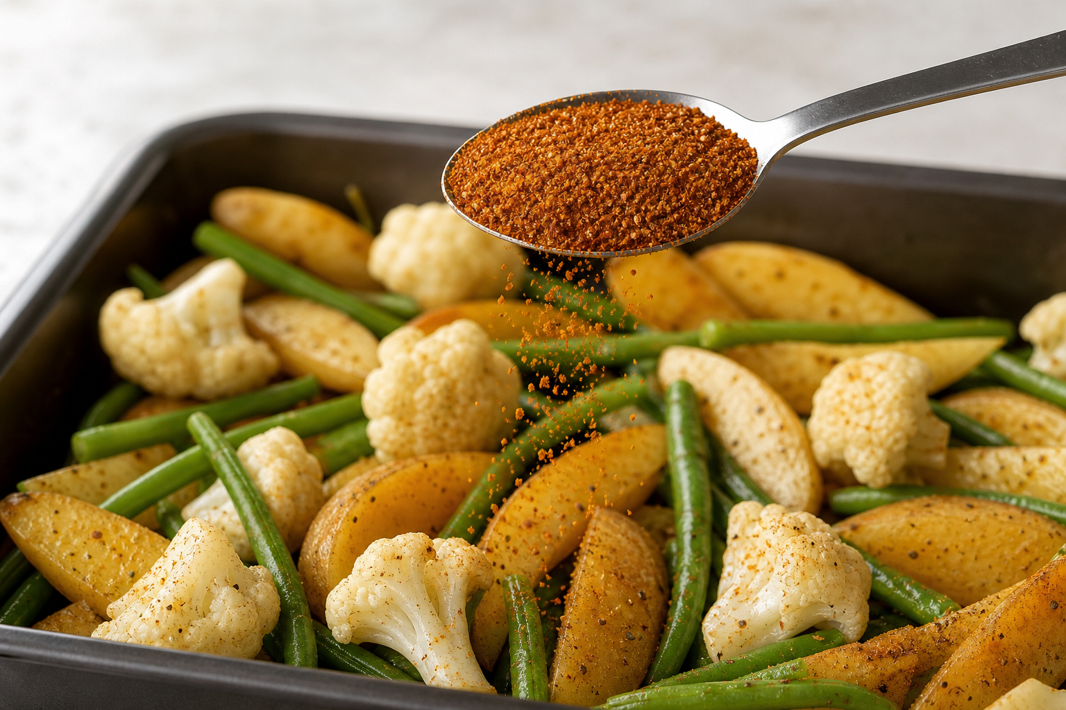 A teaspoon of Cajun seasoning held above potatoes and vegetables ready for roasting