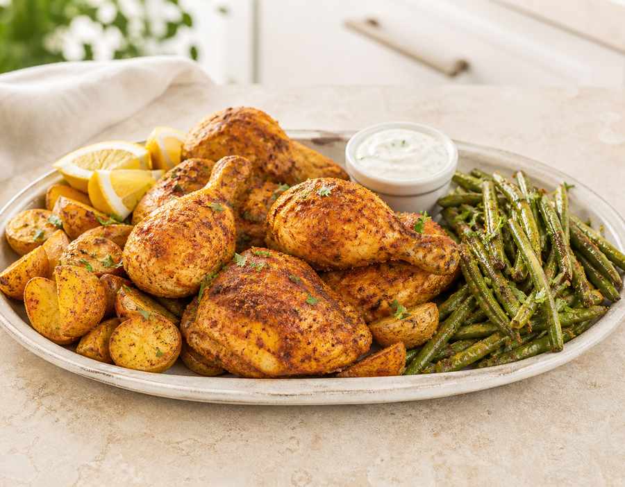 Roasted chicken, potatoes, and green beans with a light Cajun seasoning coating