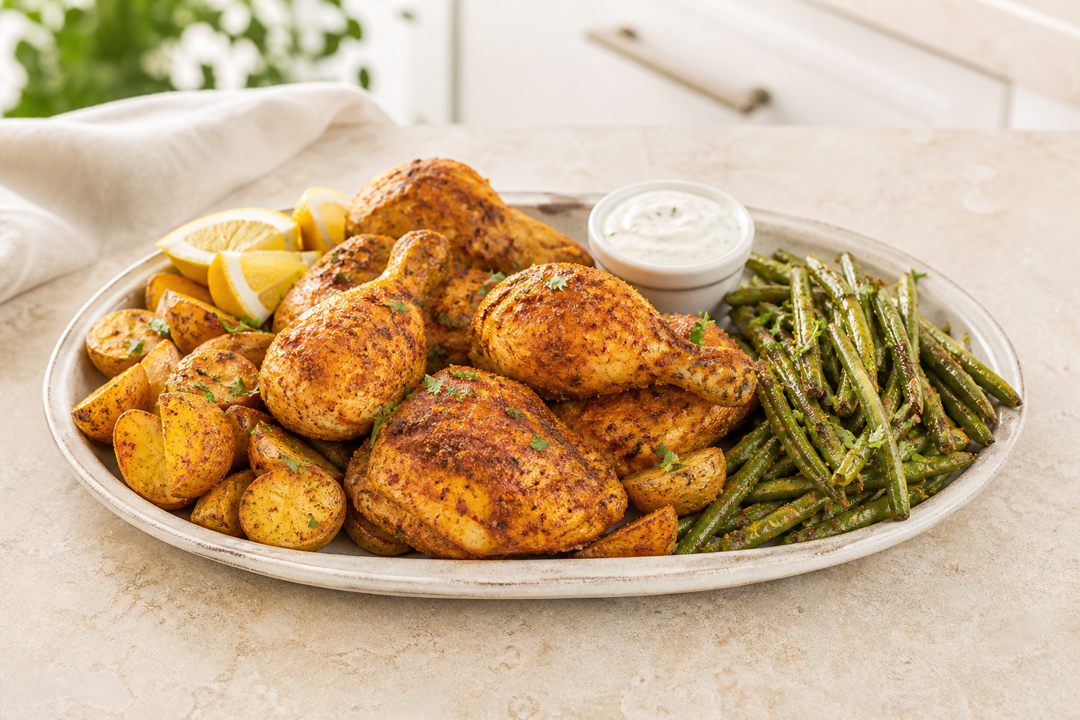 Roasted chicken, potatoes, and green beans with a light Cajun seasoning coating