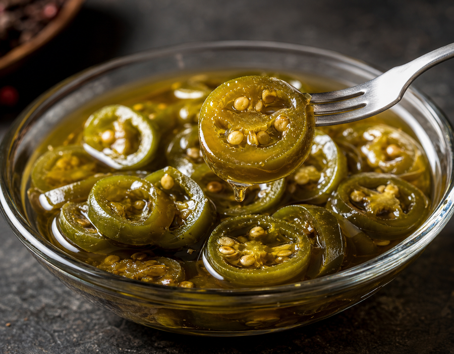 Glossy candied jalapeño slices in sweet pickling liquid with a fork lifting one slice