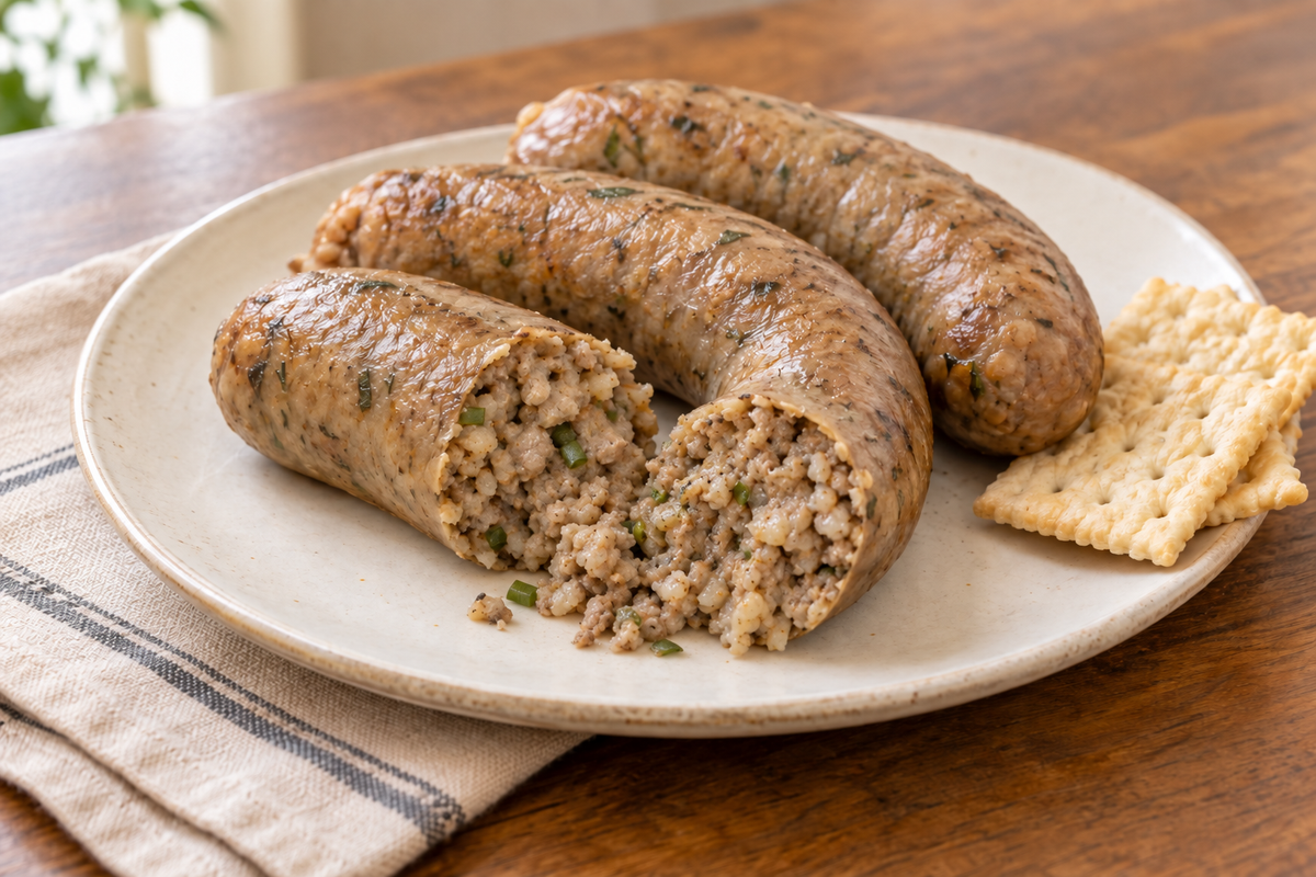 Louisiana boudin links with a moist pork-and-rice filling