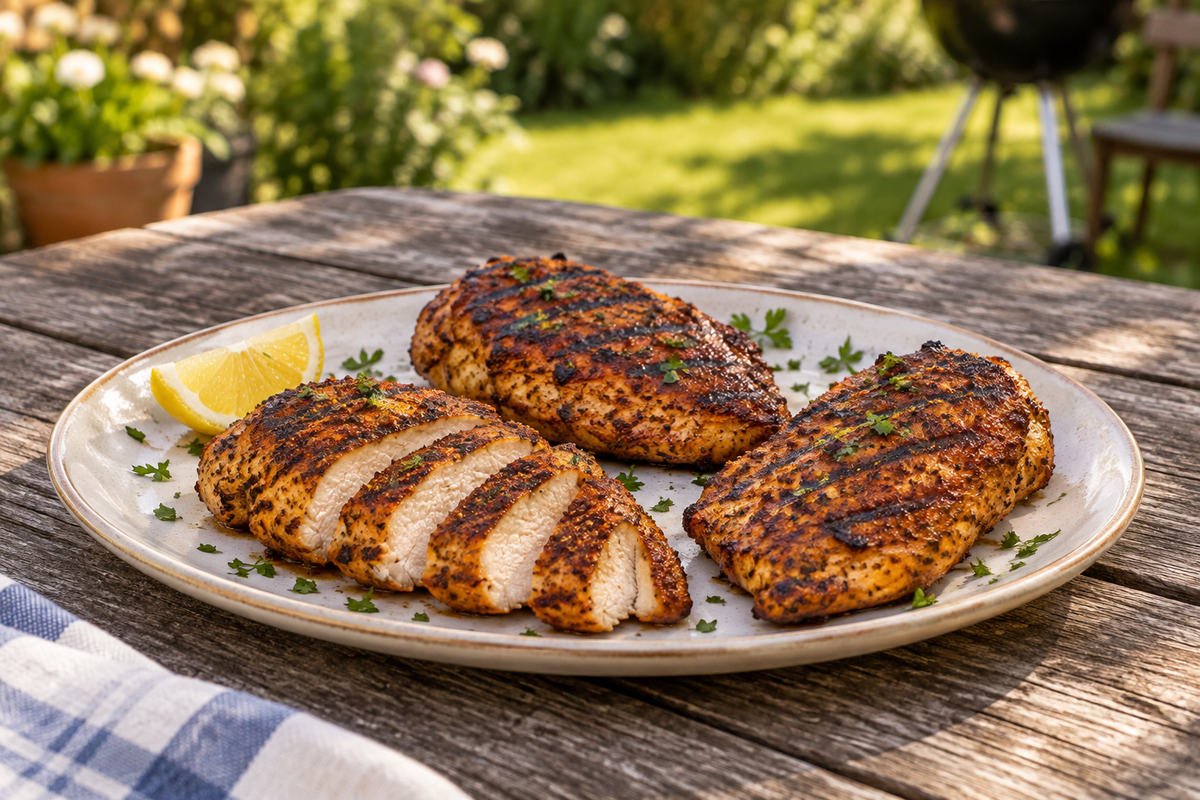 Grilled chicken breasts with a reddish-brown seasoning crust, lemon, and parsley