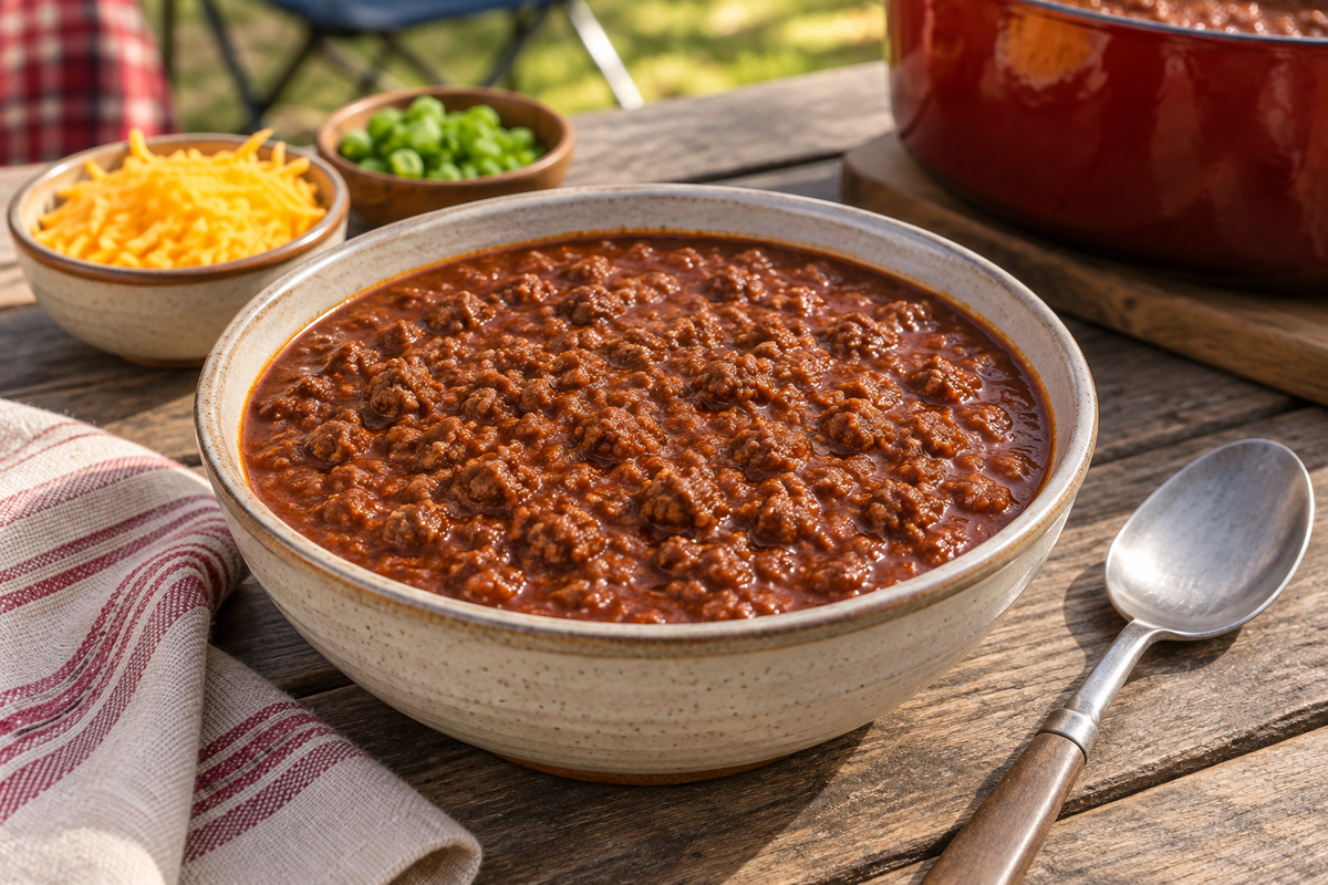 A bowl of ground-beef chili with separate bowls of shredded cheddar and green onion for optional toppings.
