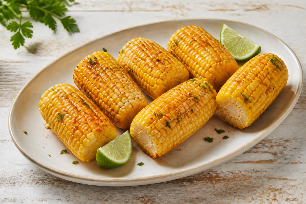 Grilled corn on the cob with seasoned butter, herbs, and lime wedges