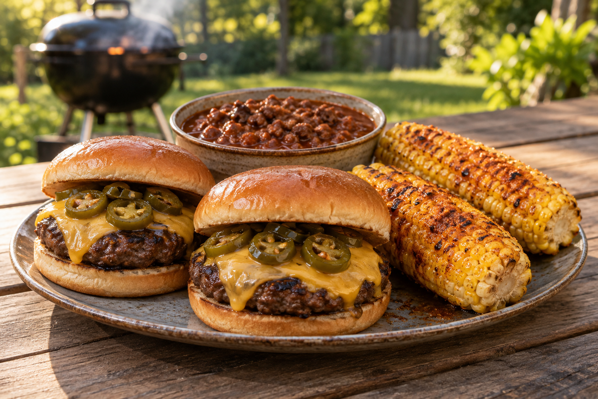 Cajun cheeseburgers topped with candied jalapeños, grilled seasoned corn, and a bowl of chili on an outdoor table.