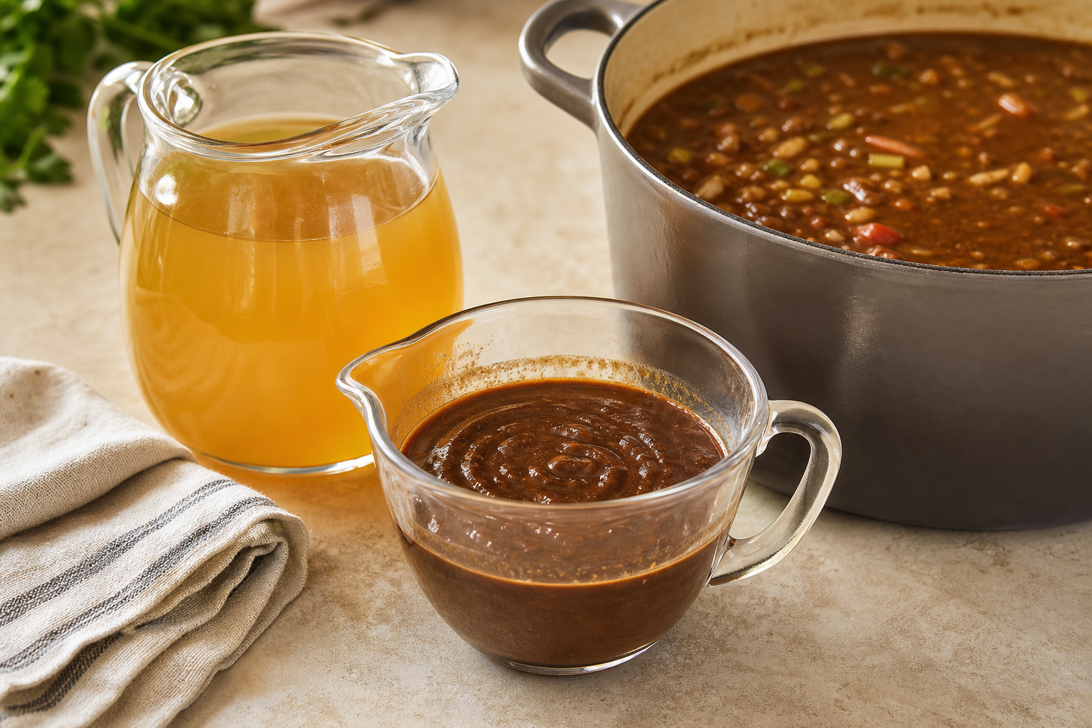 Dark roux measured beside stock and a simmering gumbo pot