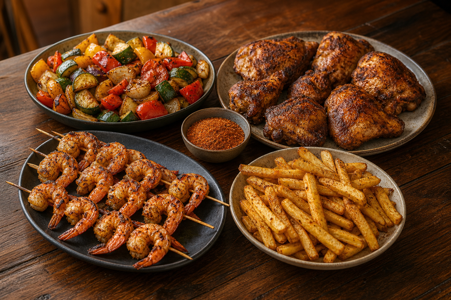 Cajun-seasoned shrimp, chicken, fries, and roasted vegetables