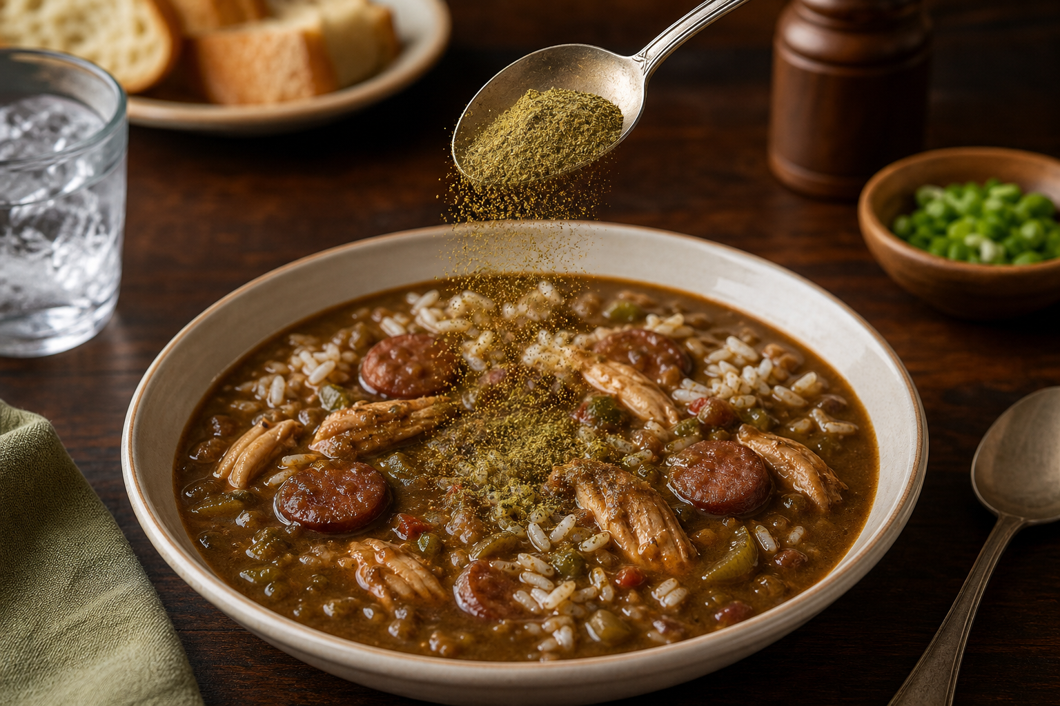 Gumbo file being sprinkled over a finished bowl of gumbo at the table