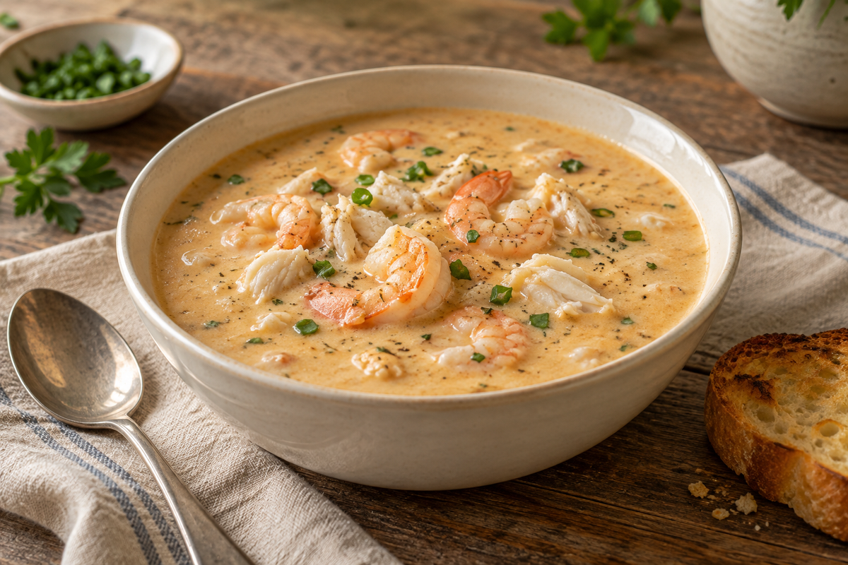 Creamy shrimp-and-crab bisque with visible shrimp and pieces of crab