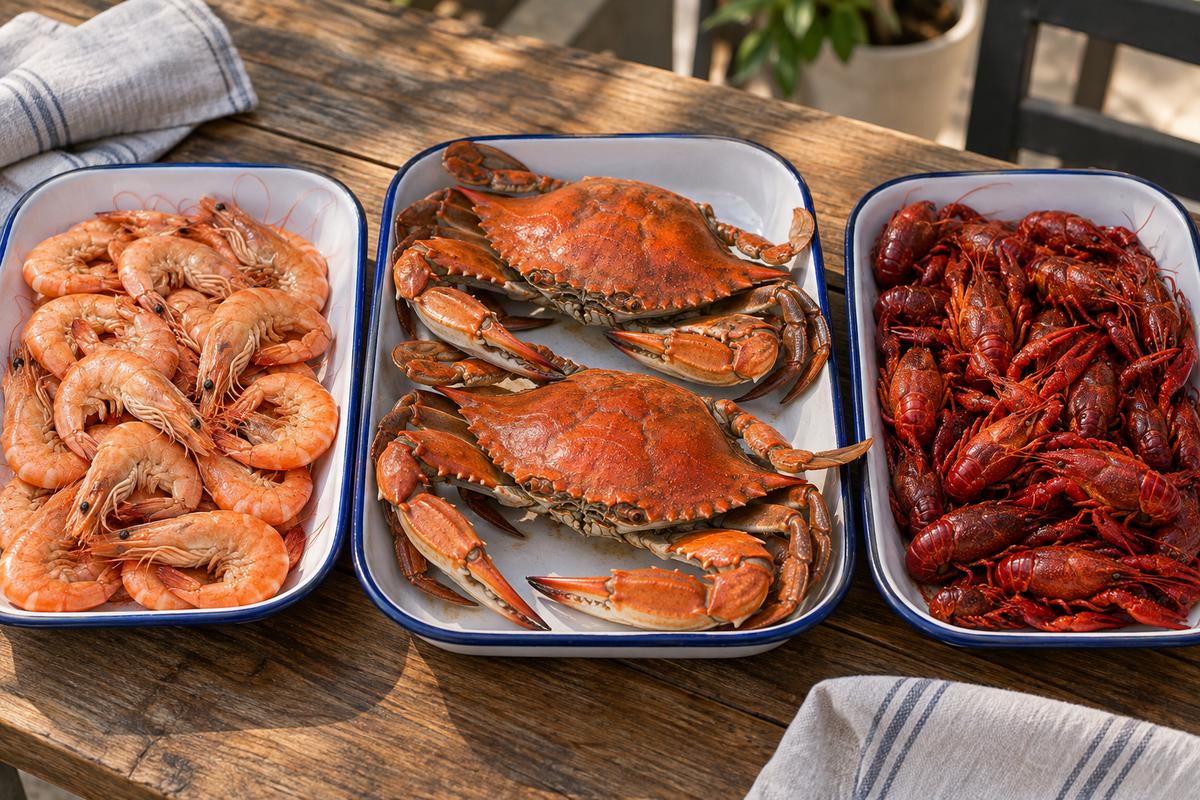 Separate trays of boiled shrimp, blue crabs and crawfish
