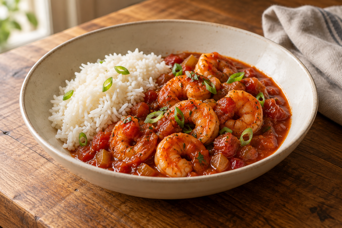 Shrimp in red tomato-roux Creole sauce over white rice with green onion