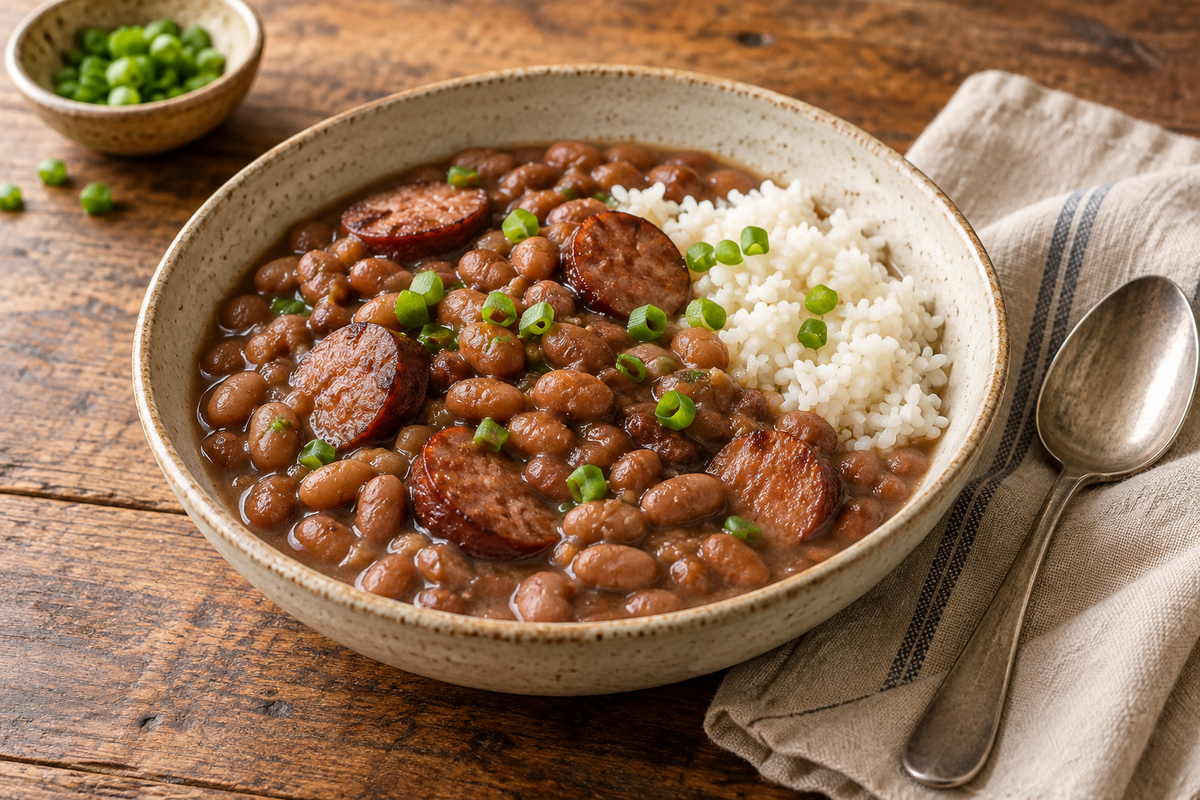 Cajun pinto beans with browned smoked sausage and white rice