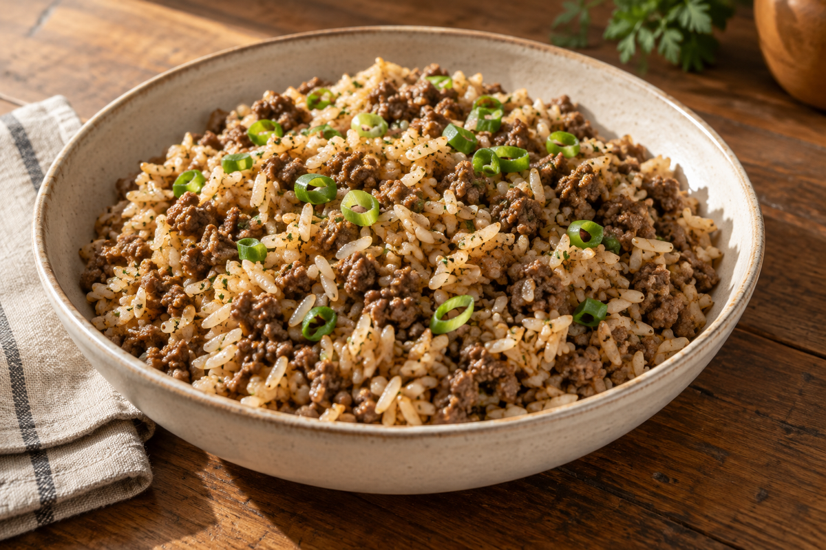 Cajun rice dressing with crumbled ground beef and optional green onion in an ivory bowl