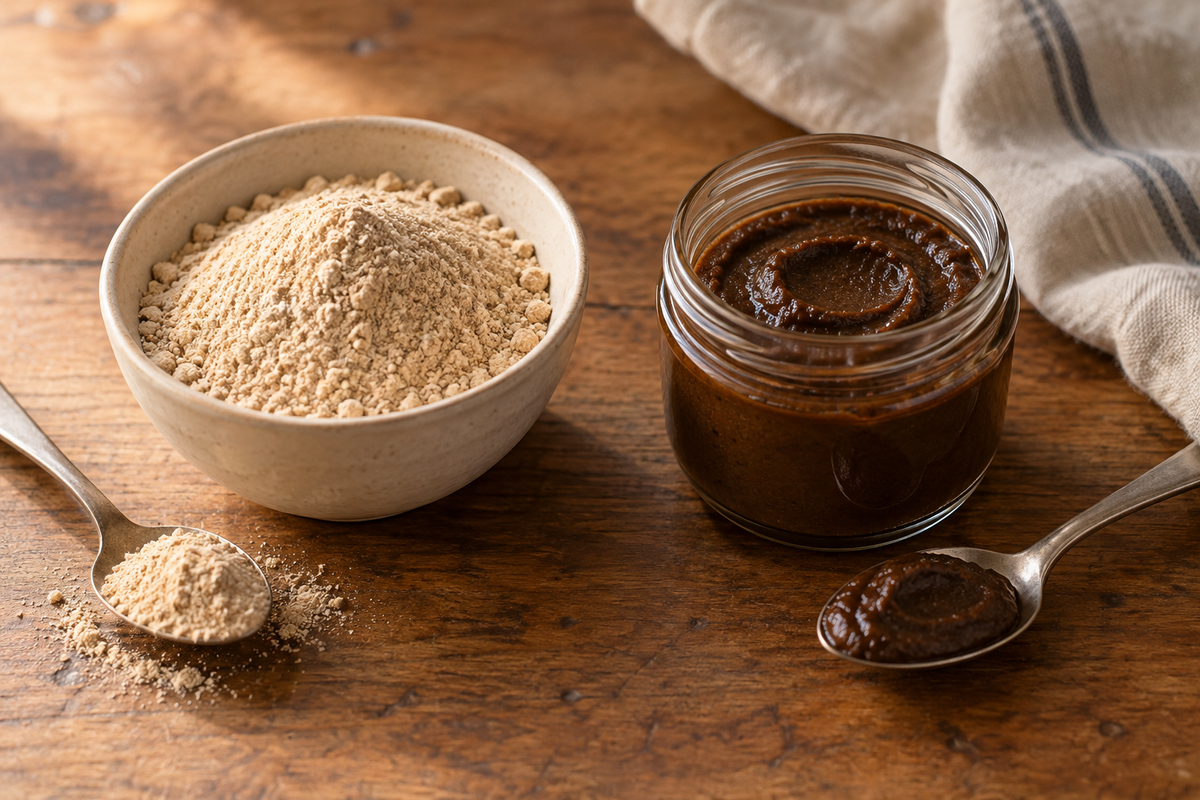 Dry toasted flour blend in a bowl beside thick prepared roux in a plain glass jar