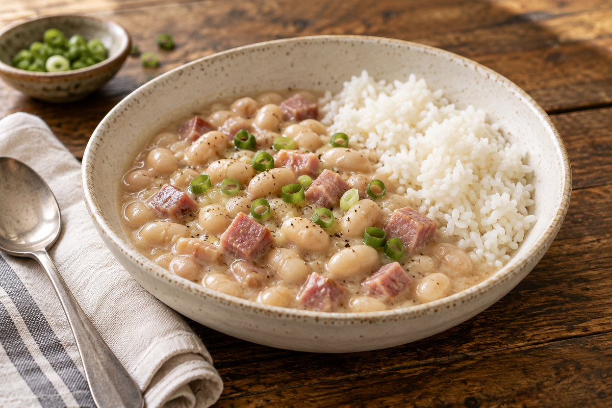 Louisiana white beans and ham over white rice with sliced green onion