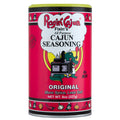 Product photo of Ragin' Cajun Fixin's All Purpose Cajun Seasoning in a red can with a yellow cap featuring a green cartoon alligator chef stirring a pot on a stove and a bottom border of colorful chili peppers garlic and onions
