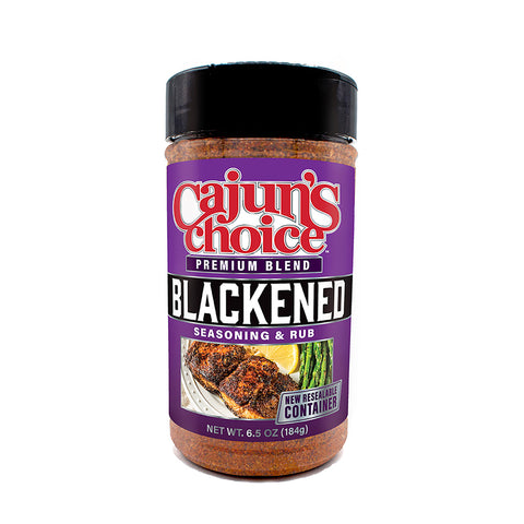 Cajun's Choice Premium Blend Blackened Seasoning and Rub product in a clear shaker bottle featuring a vibrant purple label with the brand logo, an appetizing image of blackened fish fillets with lemon and asparagus, and text indicating "New Resealable Container"