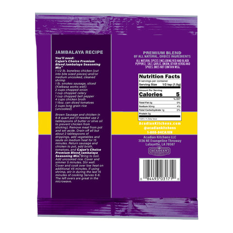 Acadian Kitchens Premium Blend Jambalaya Seasoning Mix packaging from Lafayette, LA, featuring a vibrant purple design, a detailed jambalaya recipe with ingredients, and a nutrition facts label showing 5 calories per serving