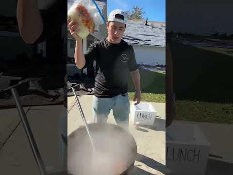 showing how to make a big batch of ragin' cajun gumbo for a roofing crew