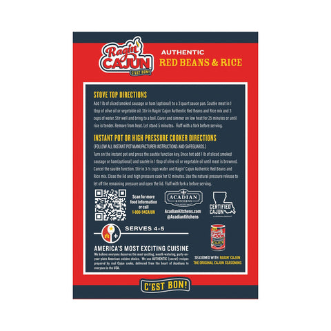 Product packaging for Ragin' Cajun Authentic Red Beans & Rice on a red and navy blue panel, highlighting the fiery Ragin' Cajun logo, both stove top and Instant Pot cooking instructions, the Certified Cajun Louisiana Product seal, and the vibrant "C'est Bon!" tagline