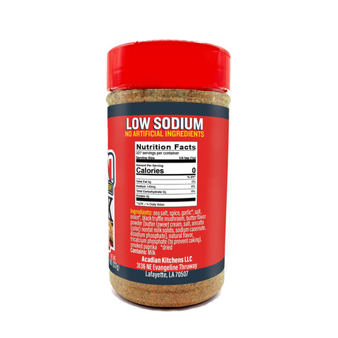 Product photography of Acadian Kitchens LLC Low Sodium seasoning jar from Lafayette LA with a vibrant red lid and label featuring nutrition facts showing 0 calories and key ingredients like black truffle mushroom and smoked paprika