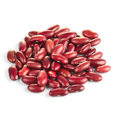 A photographic image showing a heap of raw dark red kidney beans with smooth oval shapes and distinct white hilums, isolated on a pristine white background