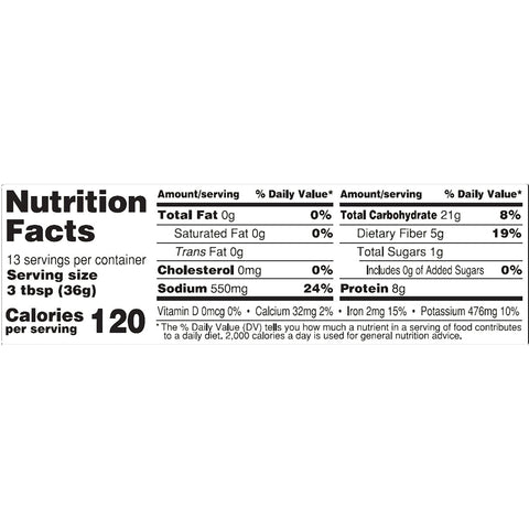 Nutrition Facts label displaying standard nutritional information including 120 calories per serving 550mg sodium at 24 percent Daily Value and 8g protein