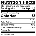 Nutrition Facts label displaying 0 Calories 300mg Sodium and 113 servings per container