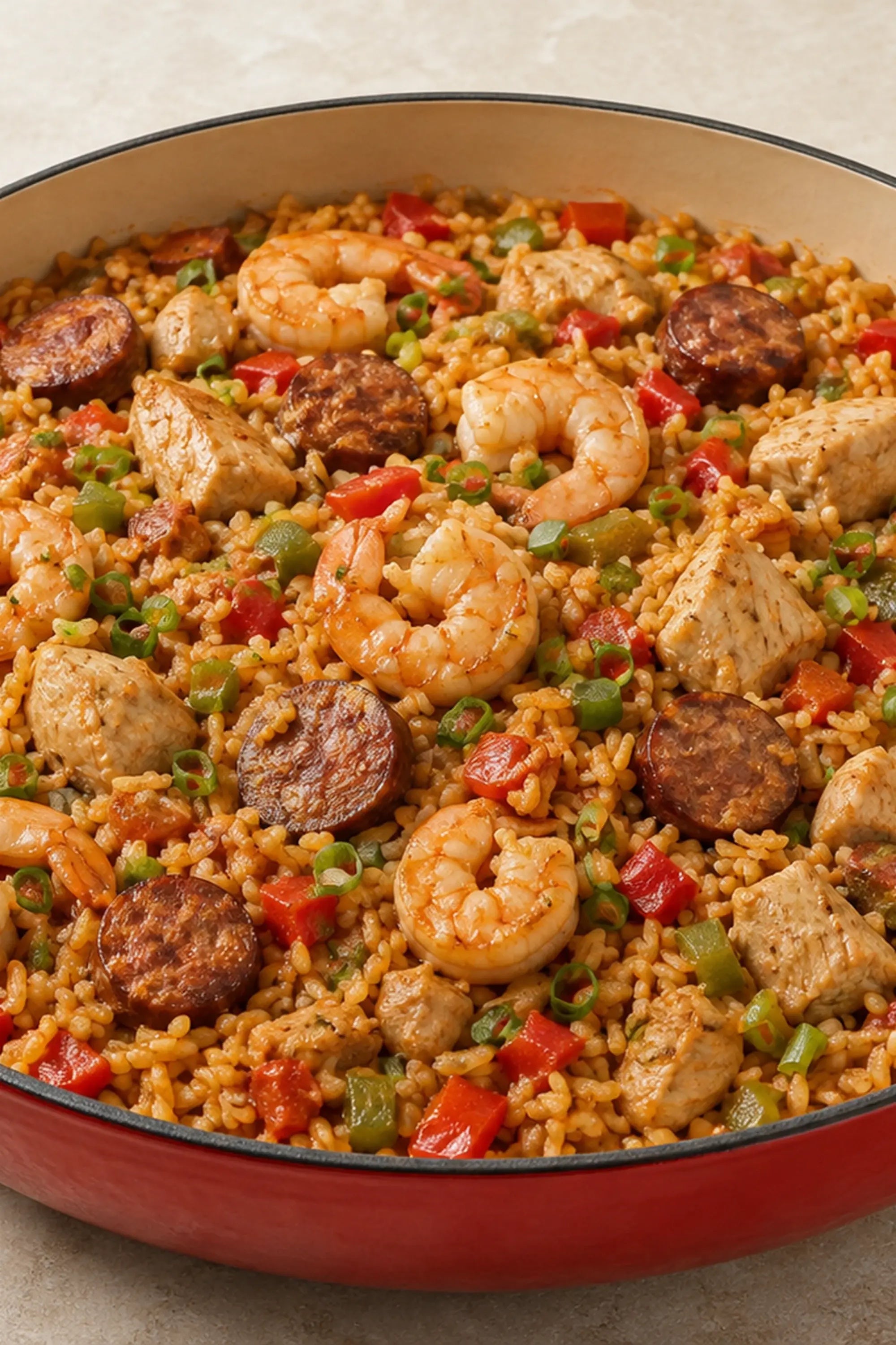 Jambalaya with shrimp, sausage and chicken in a red pot